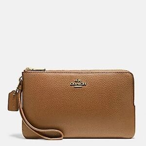 🆕 Coach Saddle Tan Brown Polished Leather Double Zip Wristlet Wallet Pouch Bag